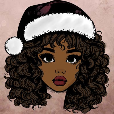 realistic girl with a santa hat curly hair and lips