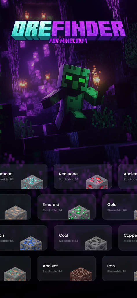 Finder Diamond Ore for MC - Menü der App 'Ore Finder for Minecraft' mit verschiedenen zur Auswahl stehenden Erzen wie Diamant und Smaragd