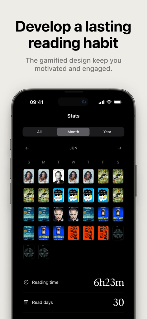 Bookology: Book Tracker - Screenshot of the Bookology app showing a visual monthly calendar with book covers and total reading time statistics.