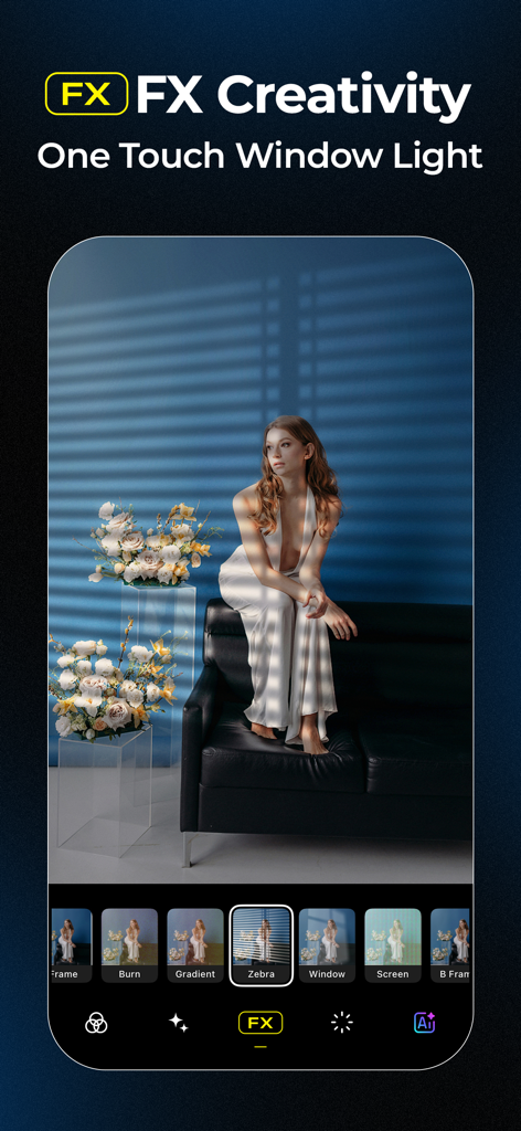 Interfaccia dell'app Visual LabX che mostra un effetto ombra di luce da finestra con un tocco su una donna seduta su un divano.