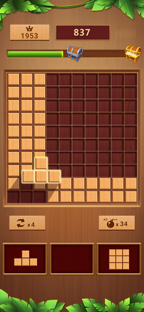 Block Puzzle - Wood Games - Gameplay of Block Puzzle Wood Games showing a 10x10 wooden grid and pieces
