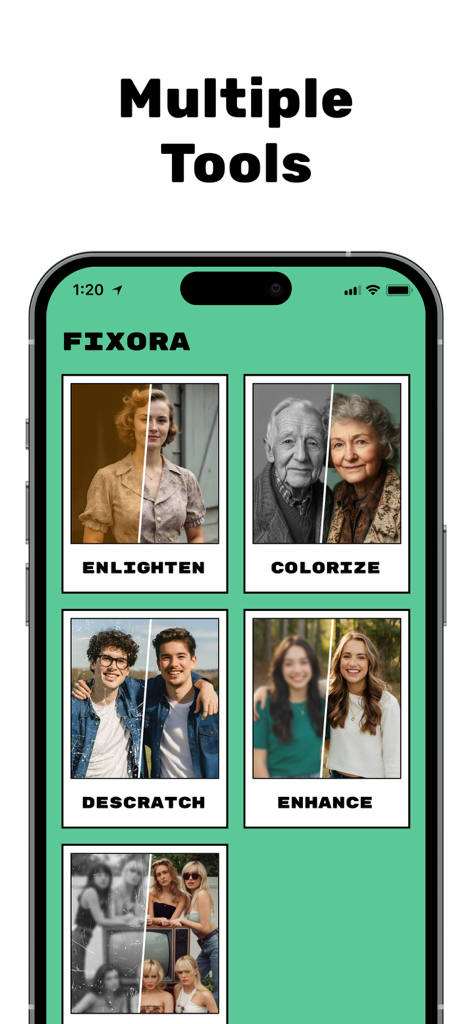 Restore Old Photos - Restora - Mobile App-Oberfläche von Restora, die Foto-Restaurierungsfunktionen wie Kolorieren, Entkratzen und Verbessern zeigt