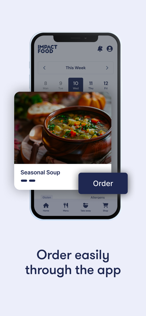 Smartphone screen showing the Impact Food Group app interface for ordering seasonal soup.