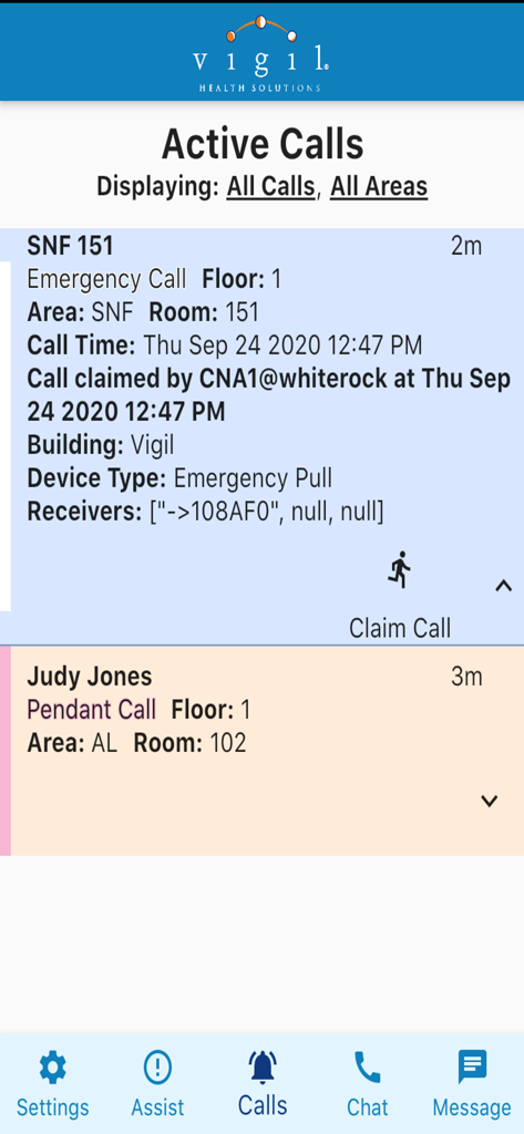 Vigil Mobile - Interface of the Vigil Mobile app showing active emergency calls and resident alerts for healthcare staff