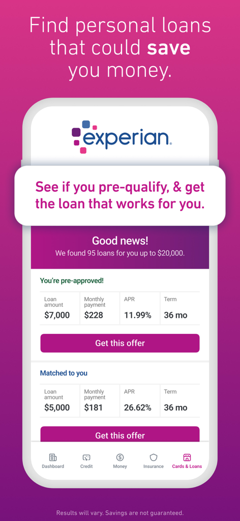 Experian app screenshot showing pre-approved personal loan offers with monthly payments and interest rates