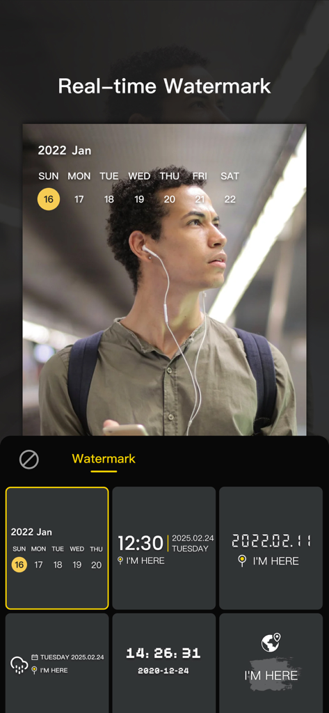 Aha Photo Lab - Interface do aplicativo Aha Photo Lab mostrando opções de marca d'água em tempo real com carimbos de data e local em uma foto