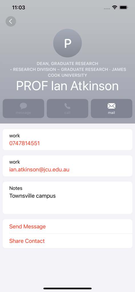 A screenshot of the JCUNav app showing the contact information and directory profile for a university professor