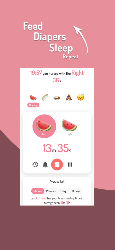 Breastfeeding timer interface showing nursing duration and baby routine tracking icons