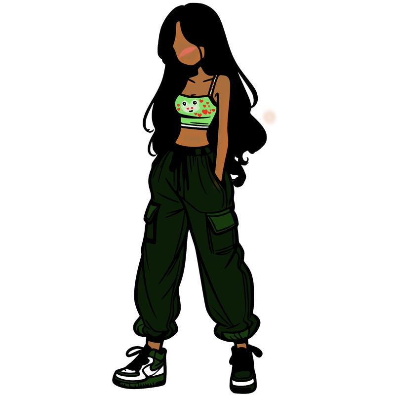 girl in baggy pants crop top and long hair