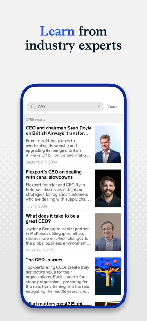 McKinsey Insights - McKinsey Insights app showing search results for CEO related articles and expert interviews