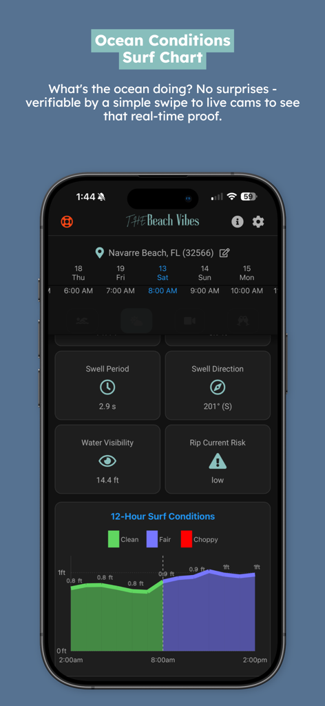 The Beach Vibes - The Beach Vibes app displaying ocean conditions and a 12-hour surf chart for Navarre Beach