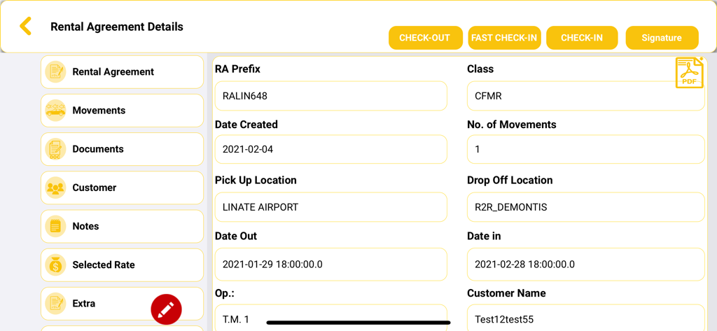 MyRent The Car Rental Software - Schermata dei dettagli del contratto di noleggio nell'app di gestione noleggio auto MyRent che mostra le informazioni di ritiro e riconsegna del veicolo.