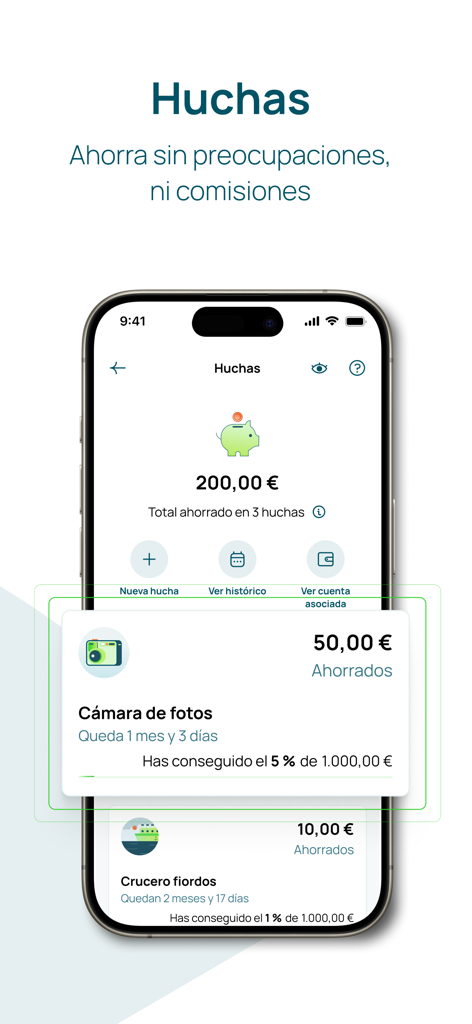 Interfaz de la aplicación bancaria Unicaja que muestra la función de objetivos de ahorro llamada Huchas con barras de progreso para diferentes elementos como una cámara y un crucero