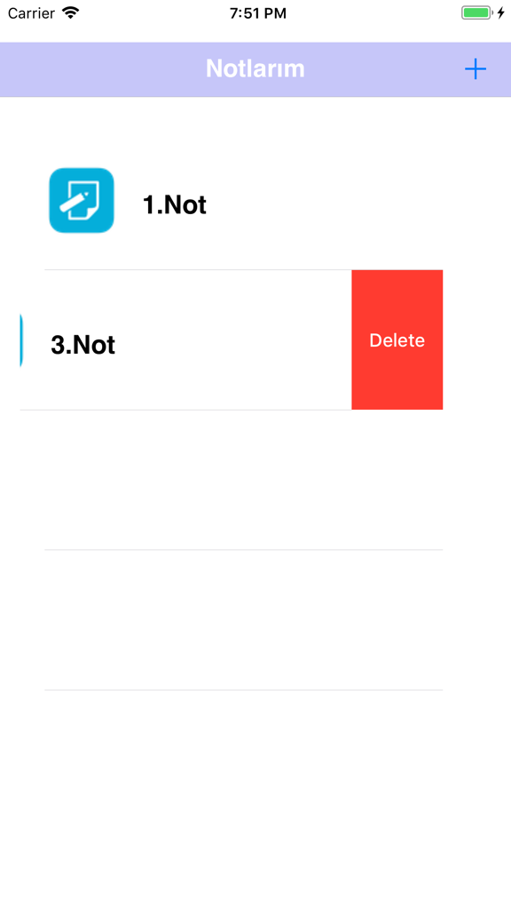 Not Defteri - NVS - A simple mobile app interface showing a list of saved notes with a delete button