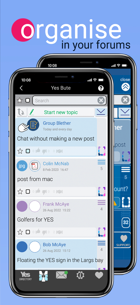 IndyApp for Yes - Screenshot of the forum section in the IndyApp for Yes app showing community discussion threads and organizational tools