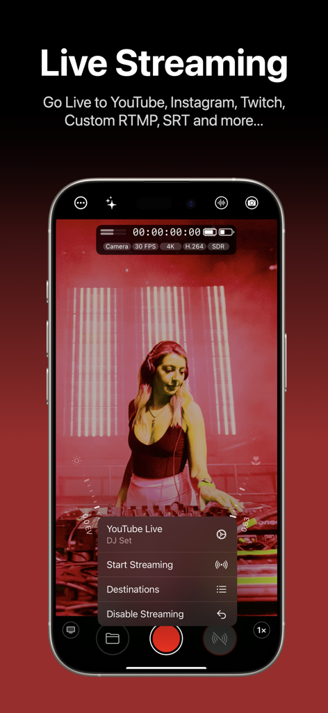 Mavis - Camera - Mavis Camera app interface on iPhone showing live streaming settings for a YouTube broadcast