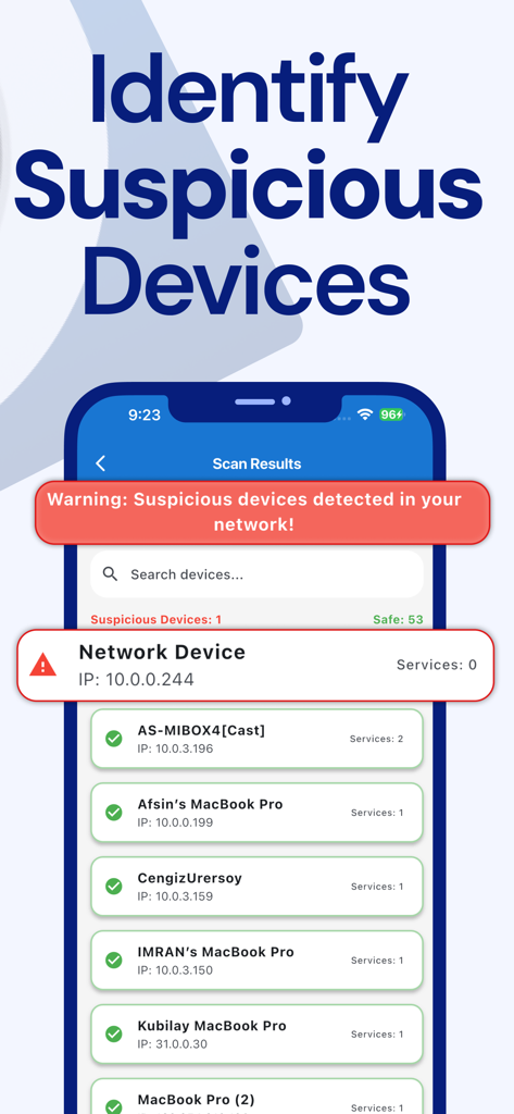 Camera Detector App - SpyFy - Oberfläche der SpyFy-App, die eine Liste gescannter Netzwerkgeräte mit einer Warnung vor verdächtigen Geräten anzeigt.