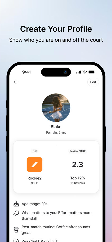 SMAXH : Find Tennis Players - SMAXH mobile app screen showing a tennis player profile with skill tier and NTRP rating