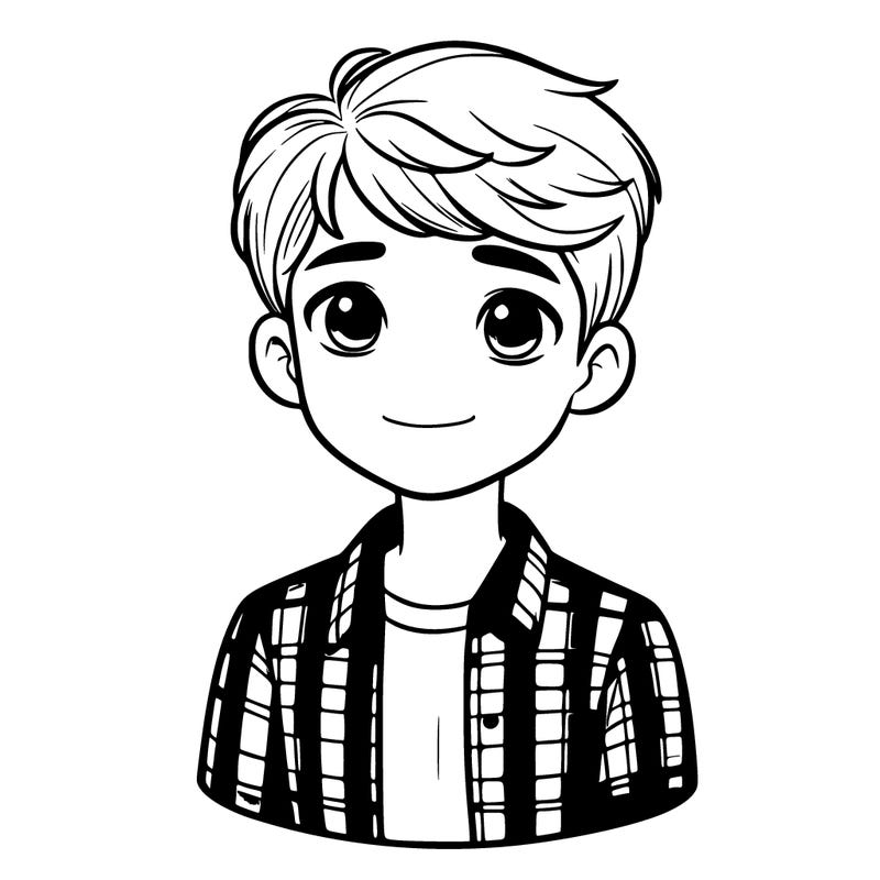 a realistic boy with short hair and a plaid shirt on