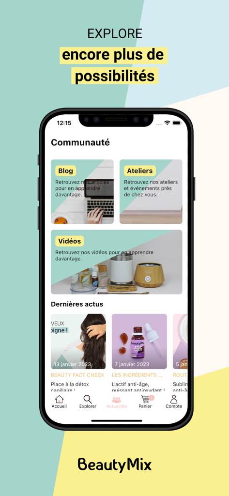 BeautyMix - Screenshot of the BeautyMix app community section displaying links to a DIY beauty blog workshops and video tutorials