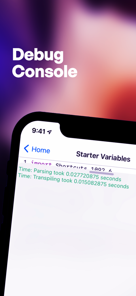 Jellycuts - Jellycuts debug console interface showing code execution times on an iPhone