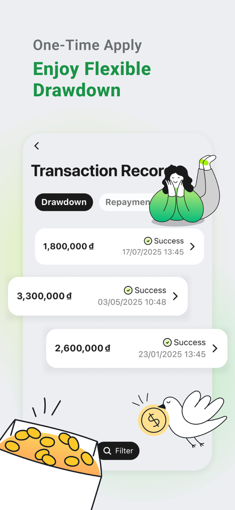 Transaction record screen of CUB Vietnam app showing flexible drawdown history and successful payments.