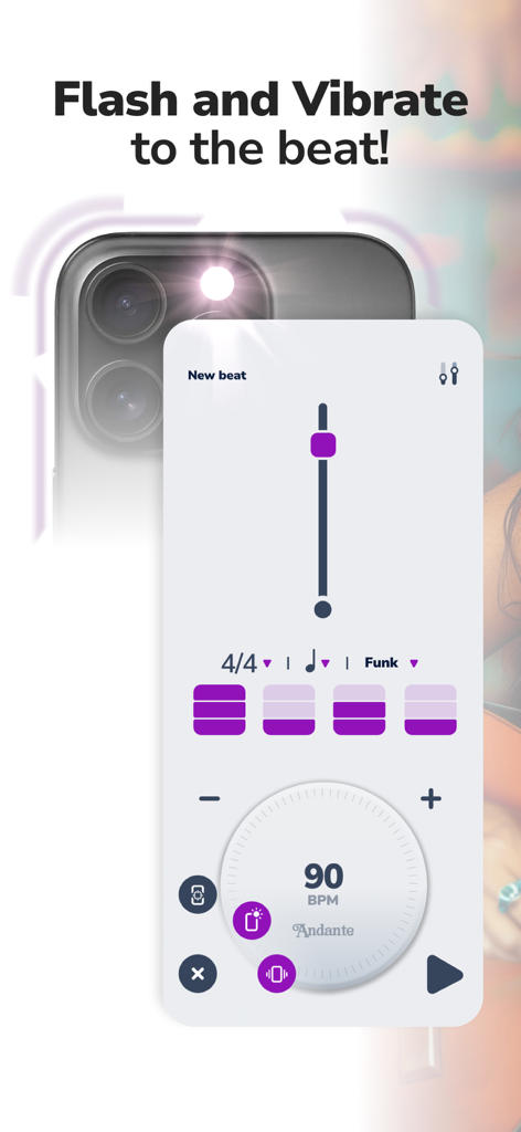 Metronome Beats : Drum Loops - Metronome app interface showing flash and vibrate to the beat feature on an iPhone