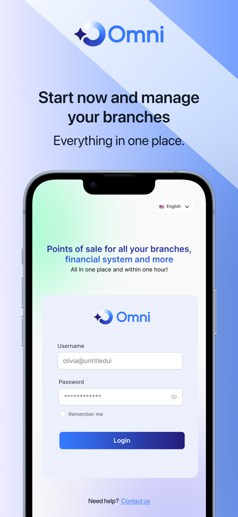 Omni POS login screen on a smartphone showing username and password fields