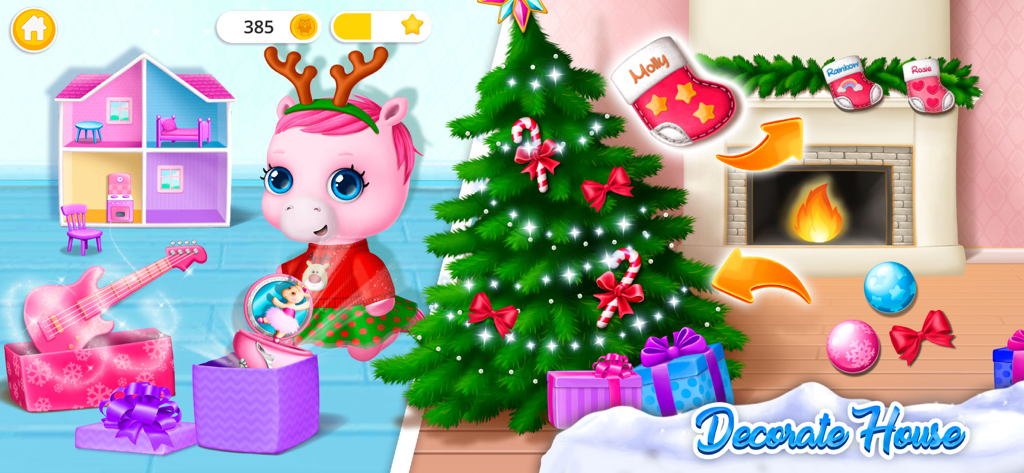Pony Sisters Christmas - A pink pony character decorating a Christmas tree and fireplace in a festive room with gifts and a dollhouse.