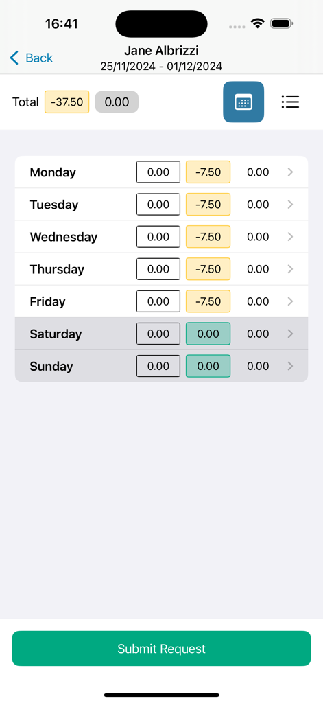 Pantalla de partes de horas semanales y envío de solicitudes de la aplicación móvil Cezanne HR.