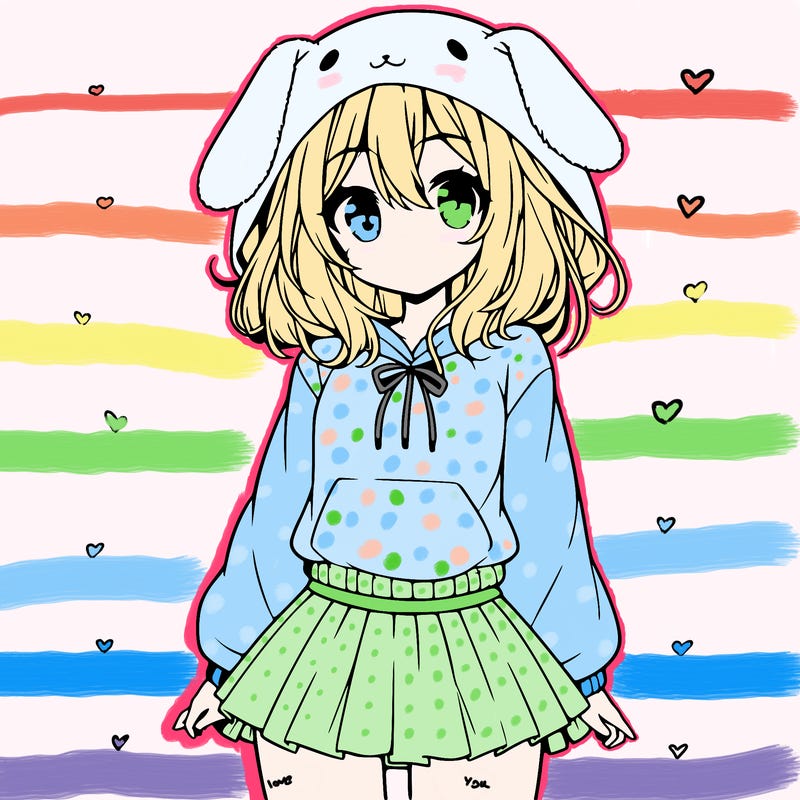 pretty anime girl wearing a fluffy hoodie with bunny ears on the hood and a skirt