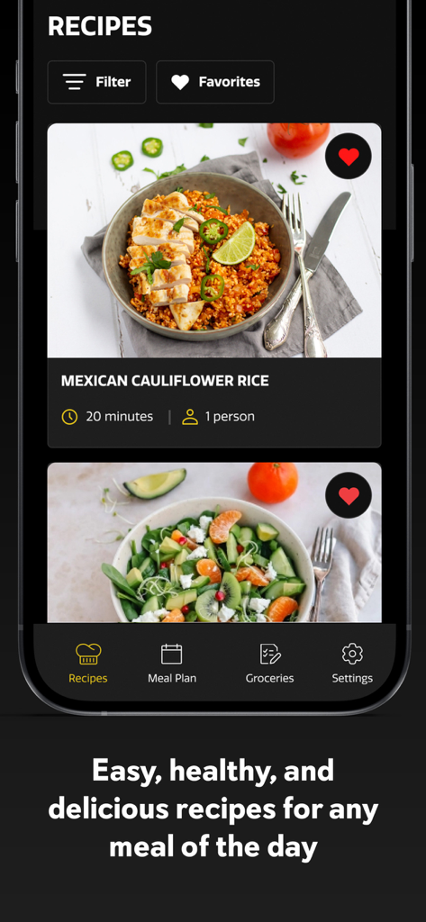 A mobile app screen showing a list of healthy recipes including Mexican Cauliflower Rice with preparation time and portion size.