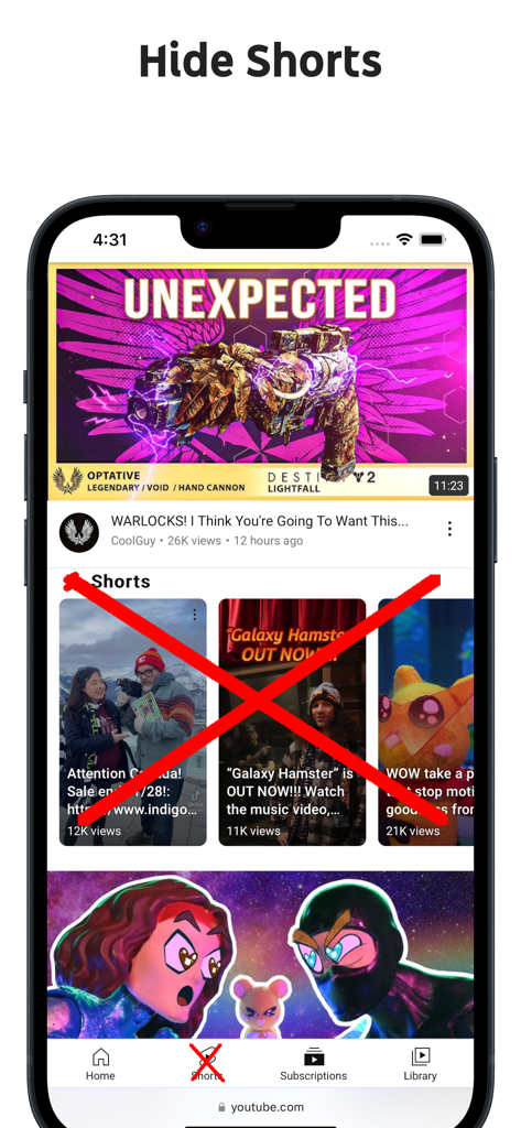 A screenshot showing a mobile browser with YouTube Shorts content and navigation icons crossed out to demonstrate the hide shorts feature