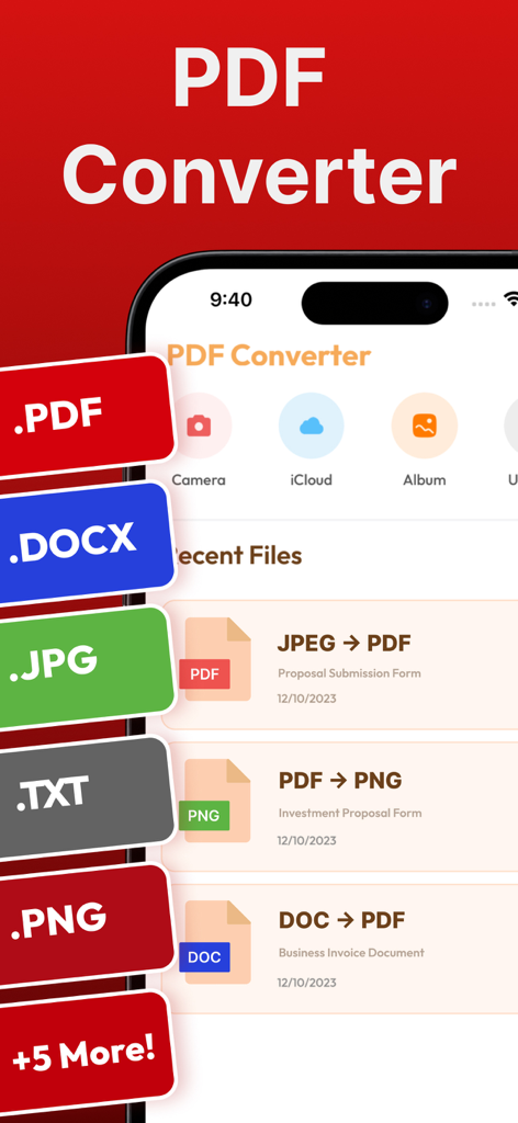 PDF Converter . Convert to PDF - Interfaz de la aplicación PDF Converter que muestra opciones de formato de archivo y conversiones recientes en un iPhone