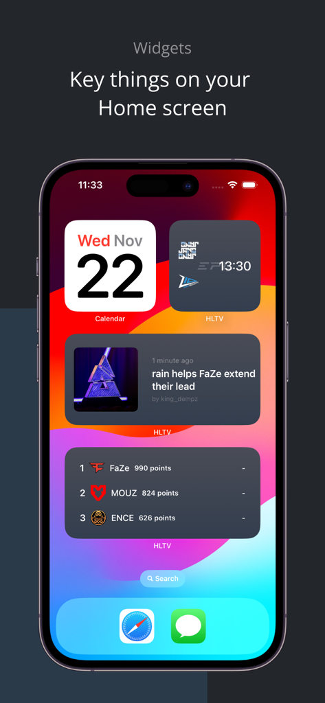 HLTV.org - Widgets de iOS de la aplicación HLTV en la pantalla de inicio de un smartphone que muestran noticias y clasificaciones de Counter-Strike.