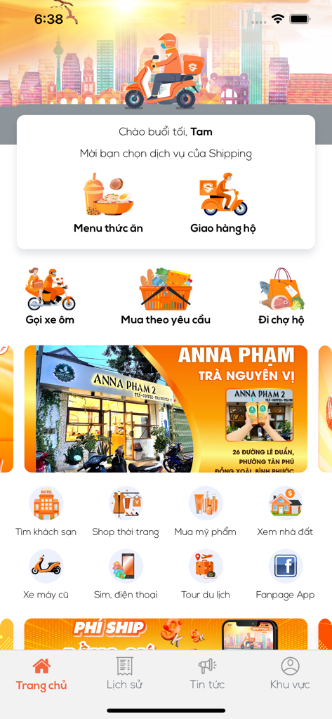 Main dashboard of App Shipping displaying food delivery and errand services in Vietnamese