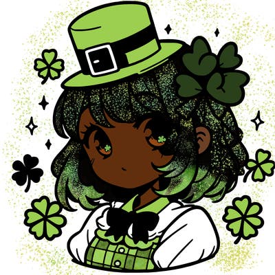 a manga-style girl with clovers around her, a little hat in her hair, like it's saint patrick's day