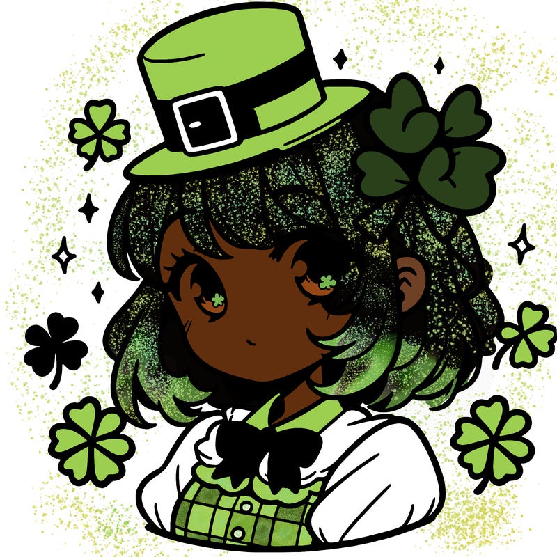 a manga-style girl with clovers around her, a little hat in her hair, like it's saint patrick's day