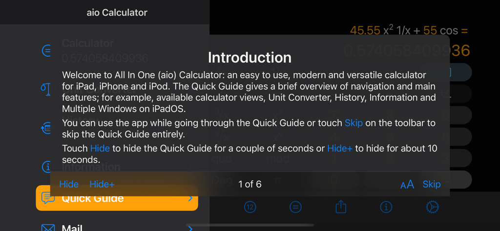 Introduction screen and quick guide overview for the All in One Calculator app
