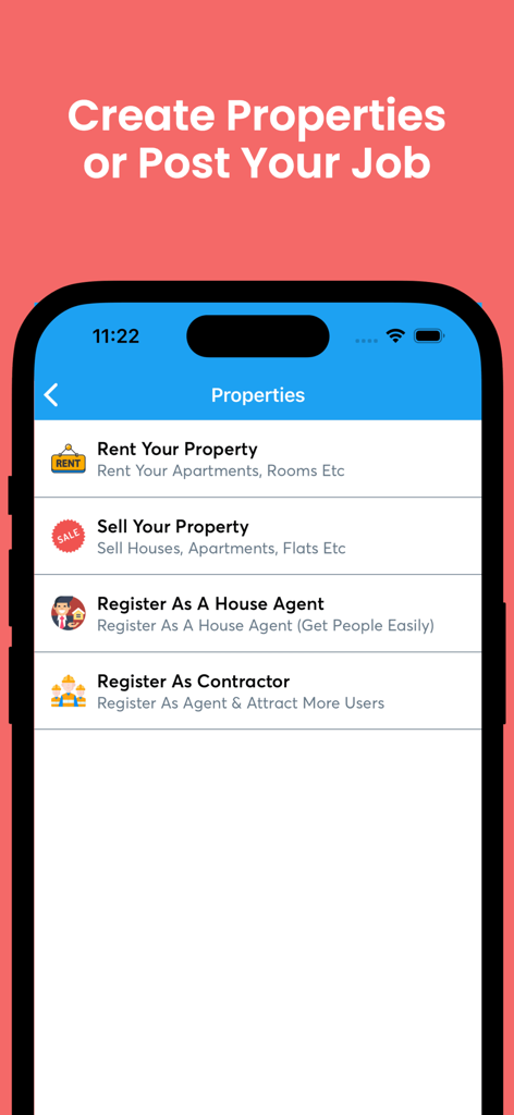 Easy Rent Ghana: Homes & more - Mobile app screen showing options to rent or sell property and register as an agent or contractor in Ghana