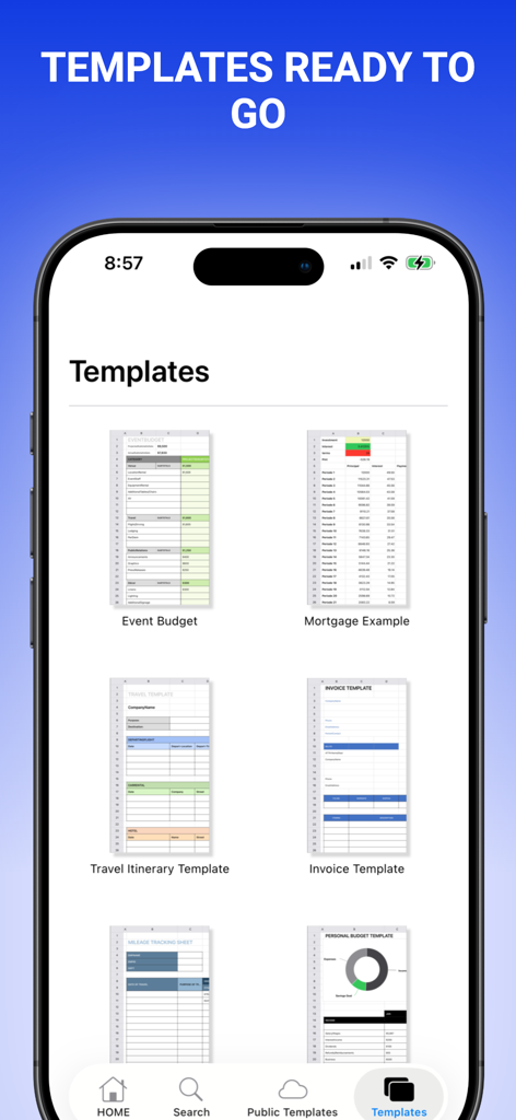Mobile app screen showing a variety of ready to use spreadsheet templates including budgets and invoices