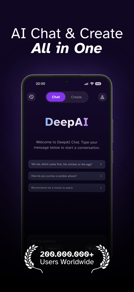 DeepAI: AI Chat, Image & Video - DeepAI mobile app home screen with AI chat and create features