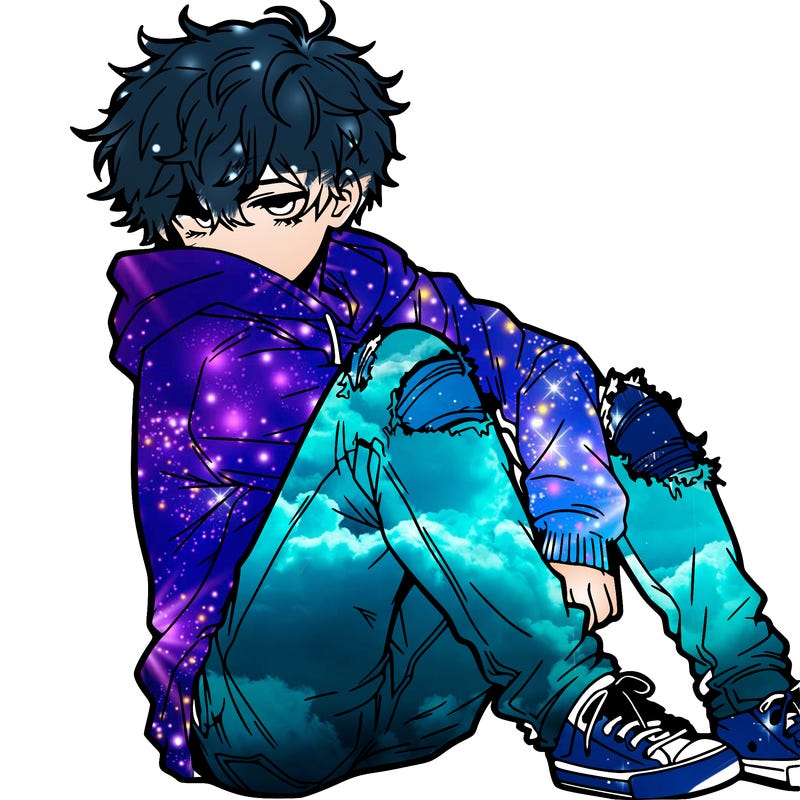 a male hoddie ripped jeans messy hair anime