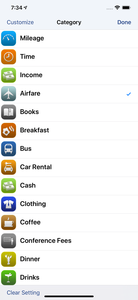 A list of customizable business expense categories like Mileage Time and Airfare within the BizXpenseTracker Pro app