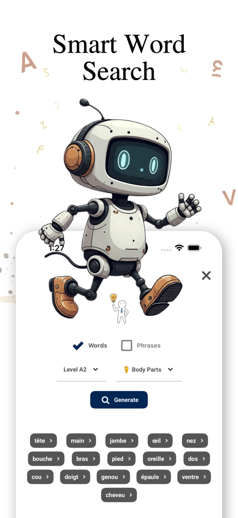 Learn French with AI: ParlezAI - Smart word search interface in the ParlezAI app for learning French body parts vocabulary.