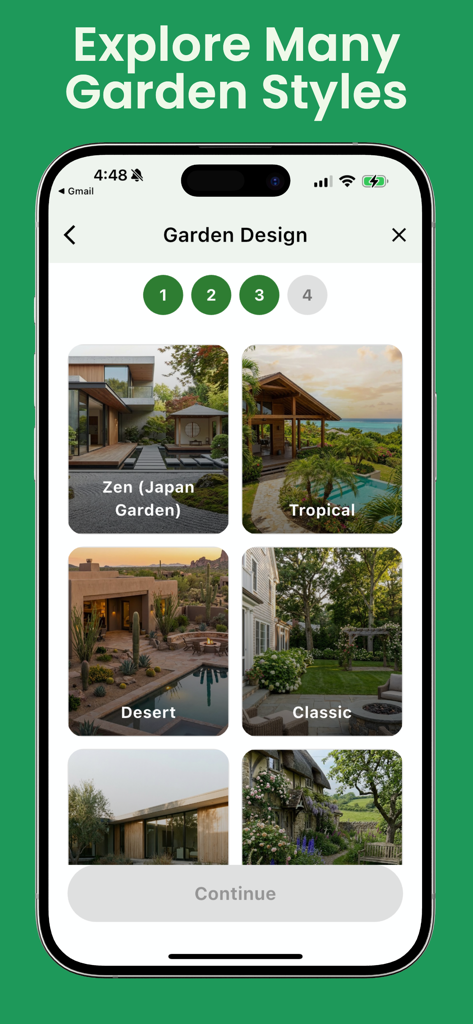 Backyard AI – Landscape Design - A mobile app interface showing various garden design styles like Zen Tropical and Desert for landscape planning
