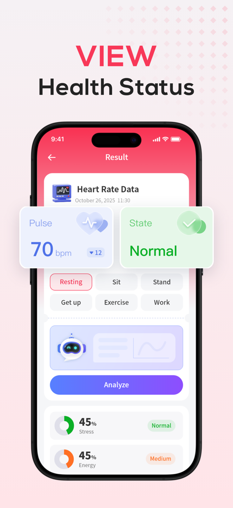 A mobile screen from Health Tracker app showing heart rate of 70 bpm and stress level indicators.