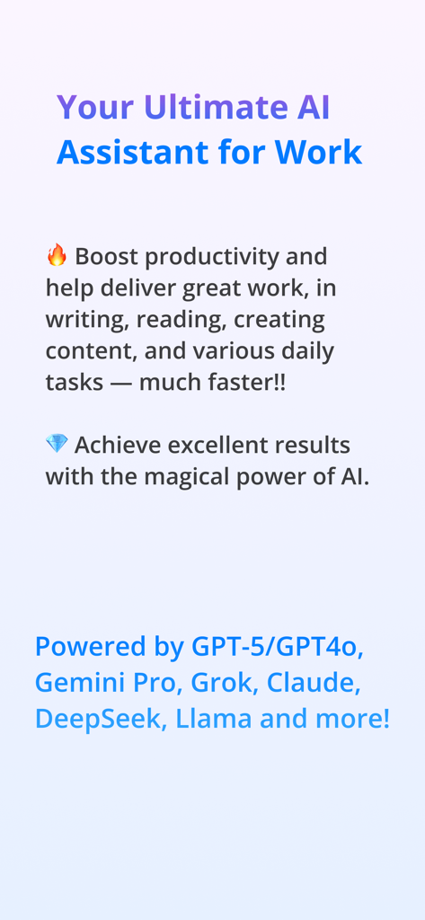 WorkGPT AI Copilot - WorkGPT AI Assistant app screen highlighting productivity tools and support for multiple AI models like GPT-5, Gemini, and Claude.