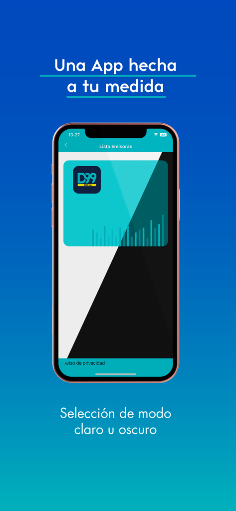 D99 - Interfaz de la aplicación móvil D99 mostrando la opción para seleccionar modo claro u oscuro
