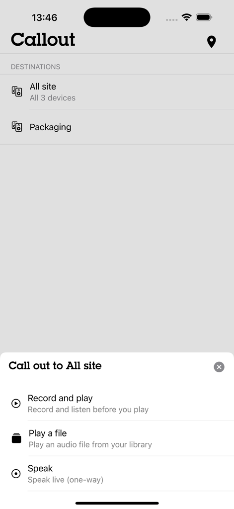 AXIS Audio Manager - AXIS Audio Manager app interface displaying callout destinations and paging options including live speak and recorded messages